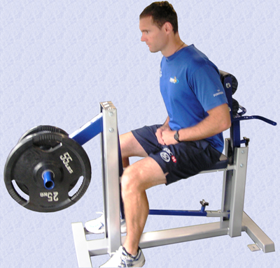 Start position for the MyoQuip MyoHinge strength machine in extension mode, targetting the gluteus maximus